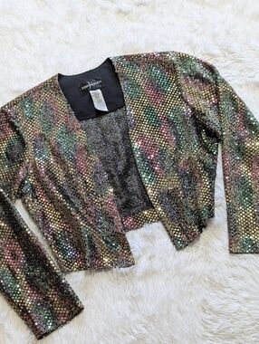 90s Vintage John Roberts Gold & Rainbow Sequin Sparkly Party Cardigan Size 10